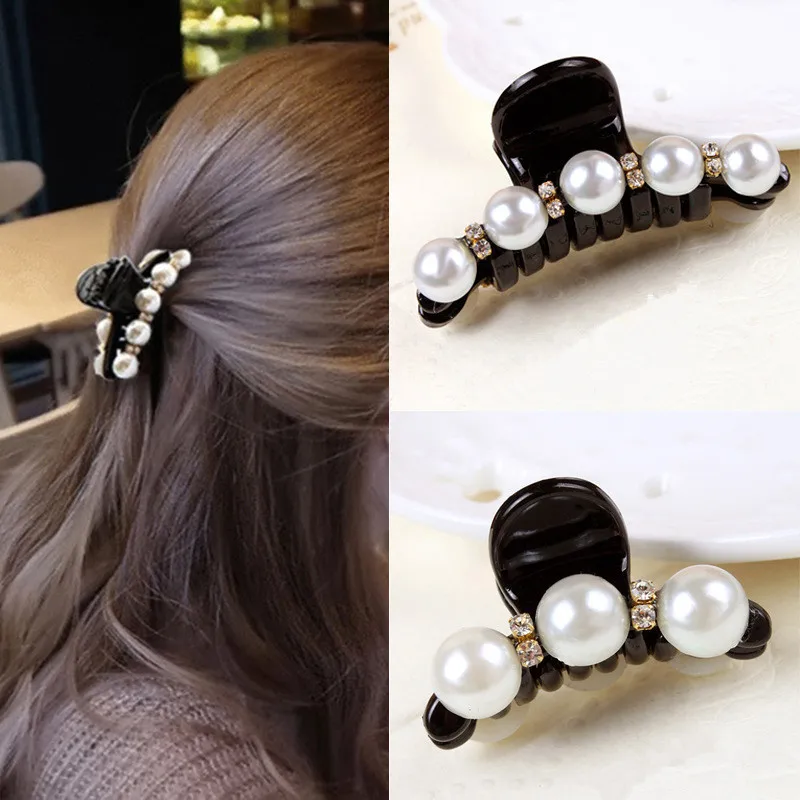 

Sale 1 Pc Women Girl Black Crystal Pearl Rhinestone Hair Clip Fashion Claw Hair Accessories
