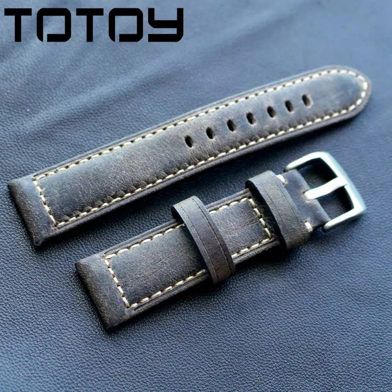 TOTOY ручной работы серый кожаный Ремешки для наручных часов, 20 мм 22 мм Открытый военные часы Ретро телячья кожа ремешок, грубая ветер ремень