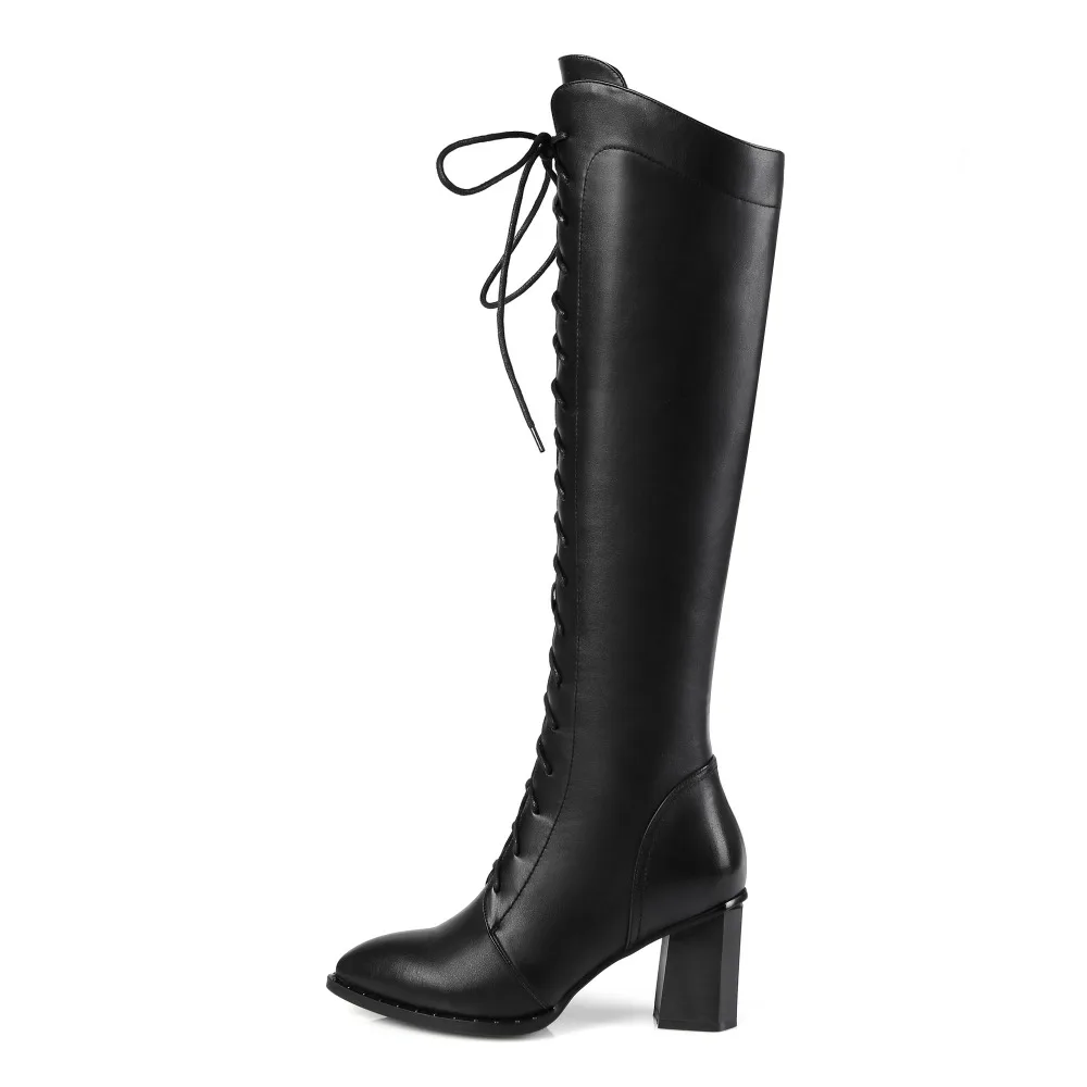 

Olomm Women Winter Leather Knee High Boots Square High Heel Shoes Pointed Toe Black Brown Office Shoes Women Plus US Size 4-10