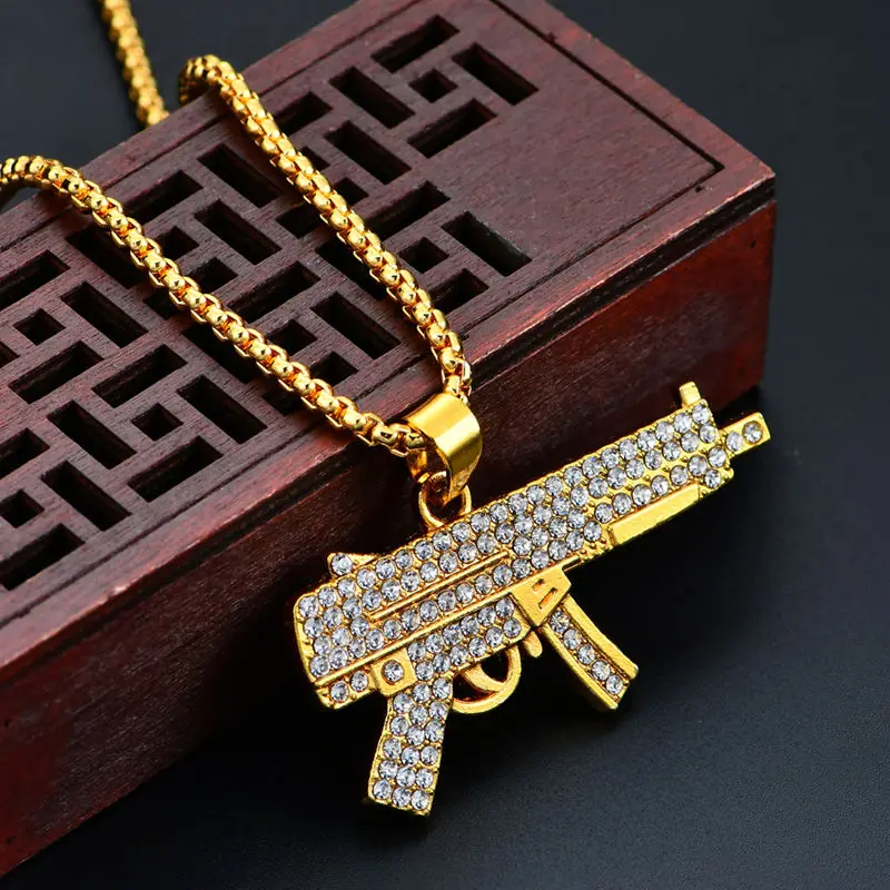 Bling bling AK-47 вращающийся пистолет-Пистолет Хип-хоп золото серебро кристалл кулон ожерелье, Льдом Из кубинской цепи ювелирные изделия