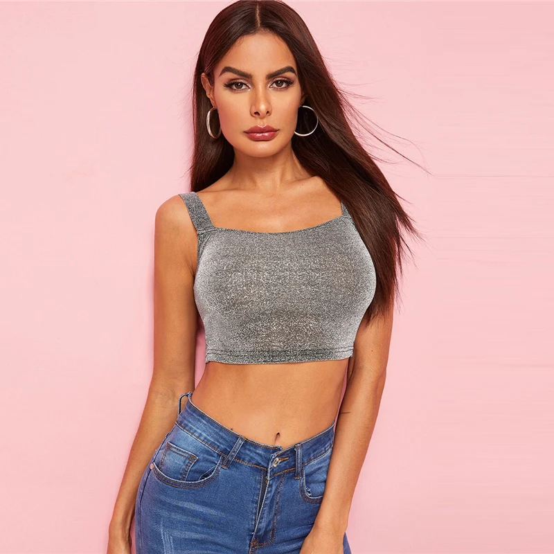 SweatyRocks Тонкий облегающий Блестящий укороченный Топ для женщин, облегающий уличная одежда, однотонный жилет, летние Гламурные топы без рукавов