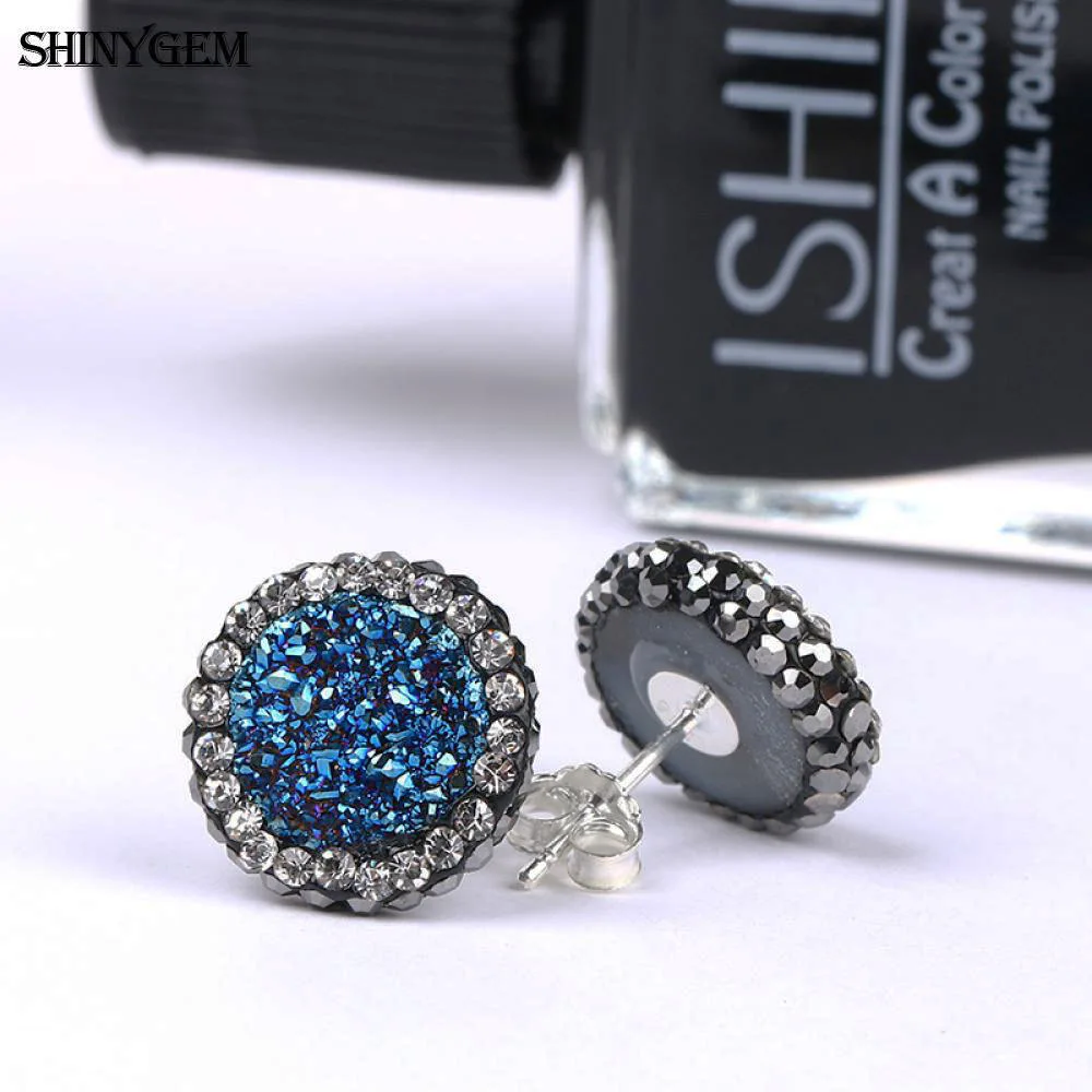 Серьги ShinyGem с кубическим цирконием друзы, большие круглые серьги с натуральным кристаллом и опалом, модные 925 пробы серебряные серьги-гвоздики для женщин