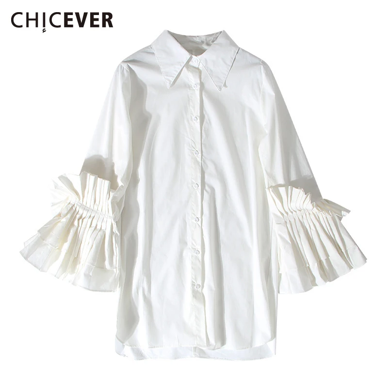 Женская рубашка CHICEVER черная Свободная с рукавом фонариком и плиссированными