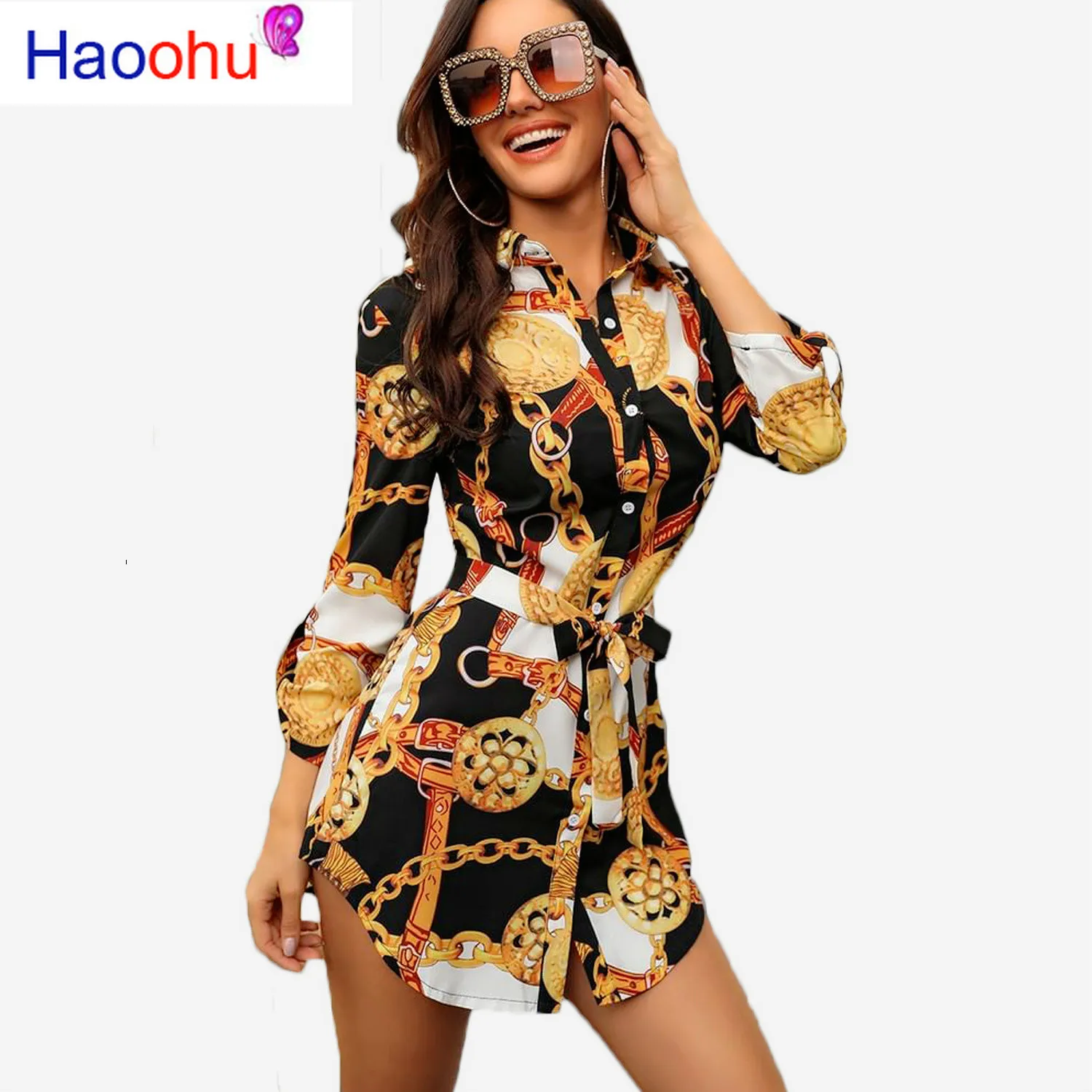 

HAOOHU New Print Ladies Dress Sexy Nightclub Short Dress Bend Hem Chain Print Belt Casual Shirt Dress Variety Optional