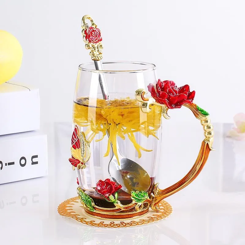 Red B Beauty And Novelty Enamel Coffee Cup Mug Flower Tea Glass Cups for Hot and Cold Drinks Tea Cup Spoon Set Perfect Wedding Gift - Цвет: Red B