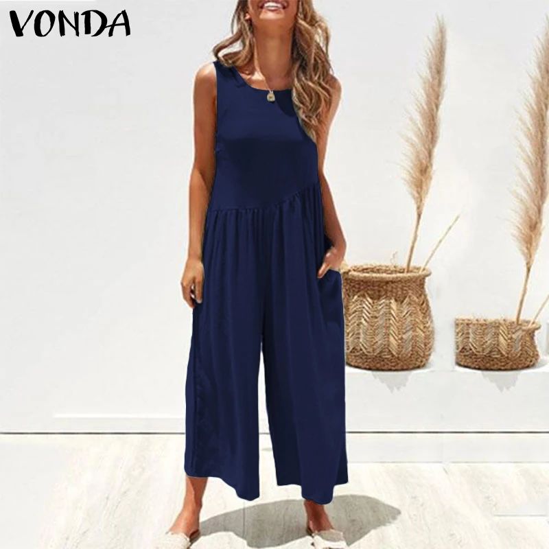 Женские комбинезоны VONDA, летние сексуальные однотонные Свободные Комбинезоны без рукавов, повседневные широкие длинные штаны, брюки
