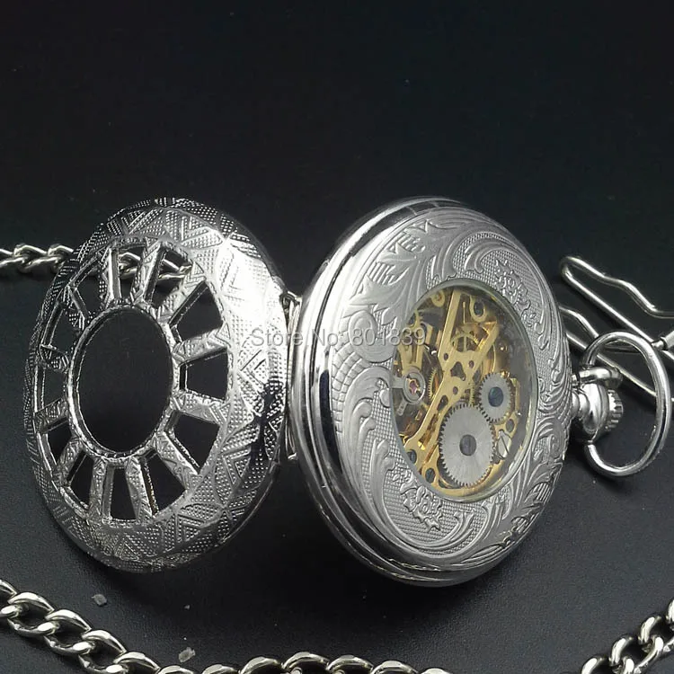 Elegant Silver Tone Skeleton Mechanical Wind Up Men's Pocket Watch Nice Gift H167|watch silver|watch storewatch flying |