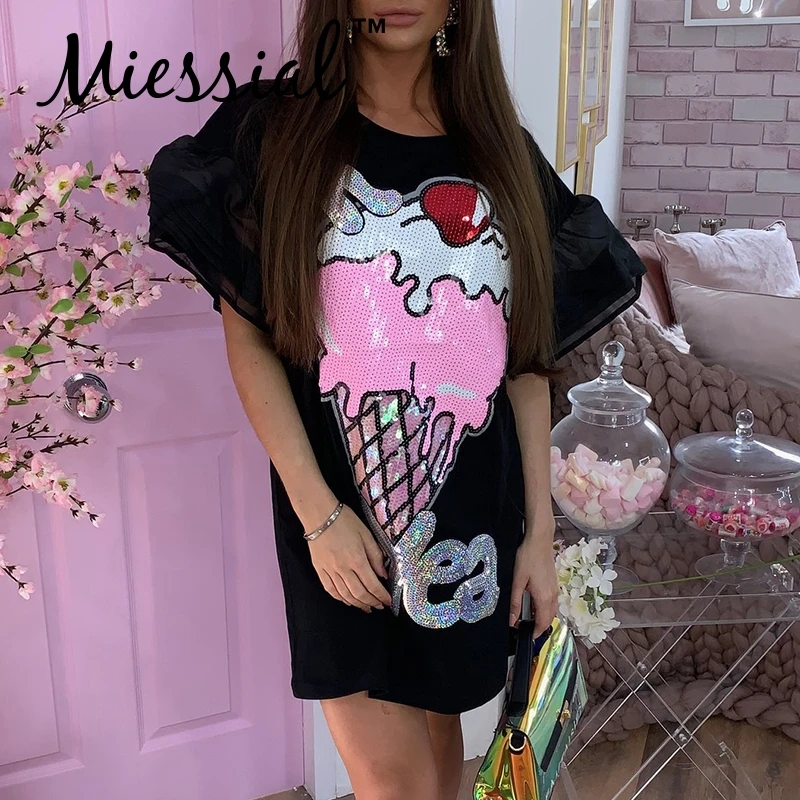 Miessial/белая футболка с рисунком и блестками мини-платье для женщин Сезон Зима