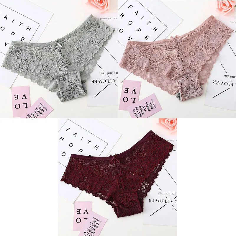 grey pink winered 3 шт., трусы для женщин, нижнее белье, сексуальные кружевные дышащие женские трусики, прозрачные трусы, сексуальное нижнее белье для женщин, M-XXL BANNIROU - Цвет: grey pink winered