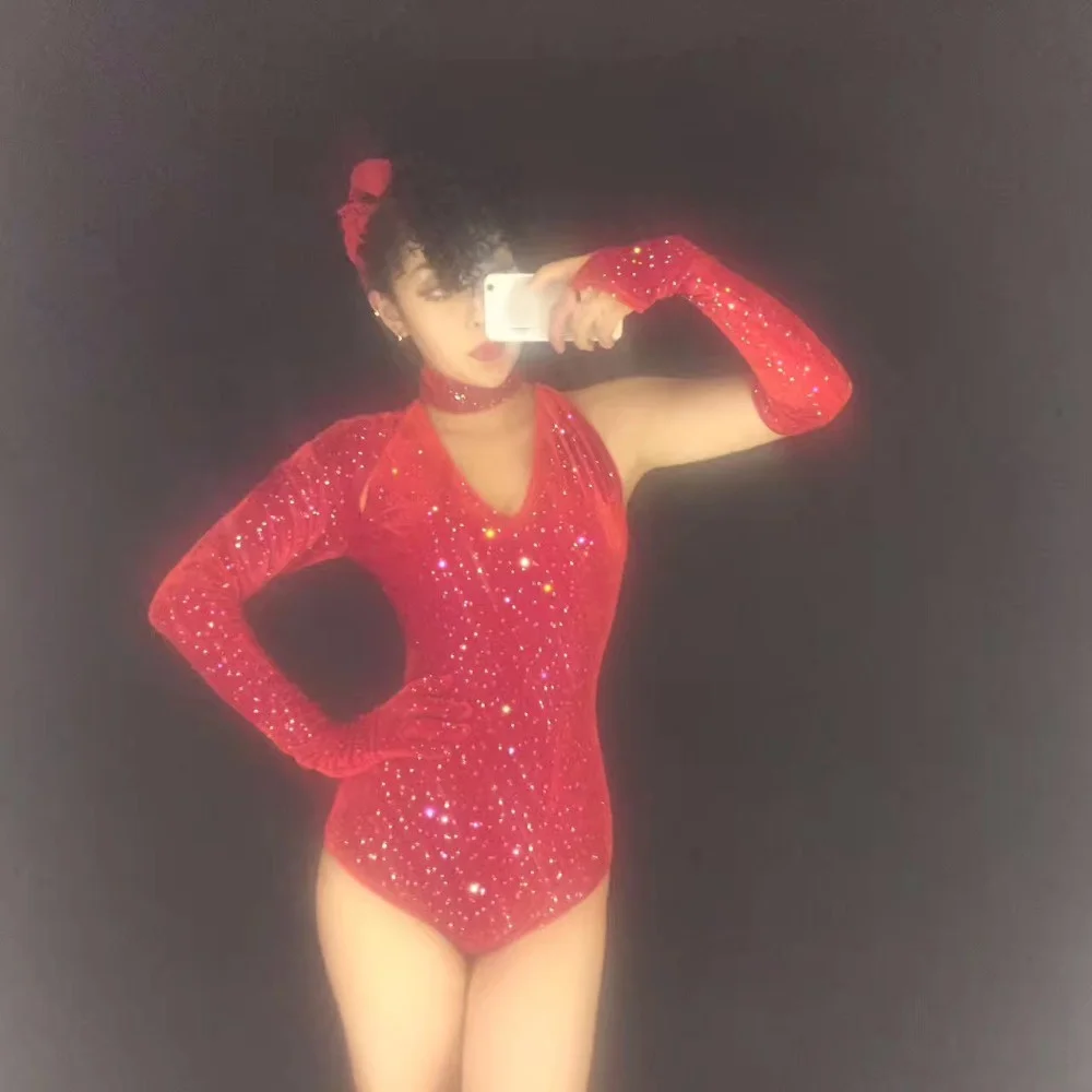 Sexy 5 Colors Singel Sleeve Rhinestones Bodysuit Cosplay Gloves Costumes Outfit Performance Women's Stage Show Party Dance Wear