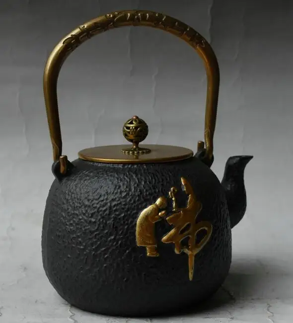 9&quot China iron Pot Gilt Buddha Monk Portable Lid Kettle Teakettle Teapot Chinese | Statues &amp Sculptures
