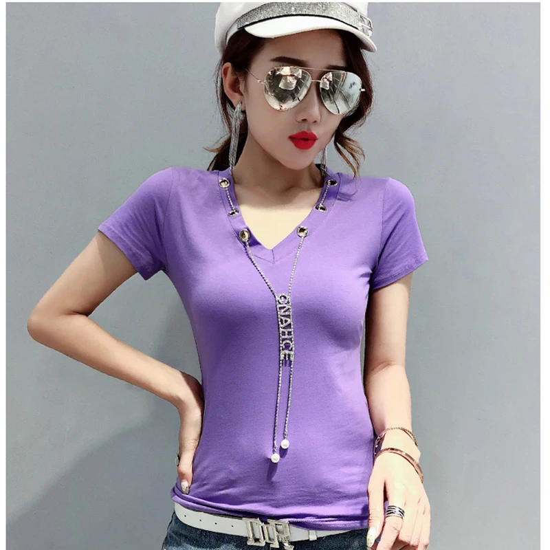 2019 Women summer solid color v-neck fashion chain short-sleeved t-shirt Slim sexy versa Casual Short Tee Top Vest | Женская одежда