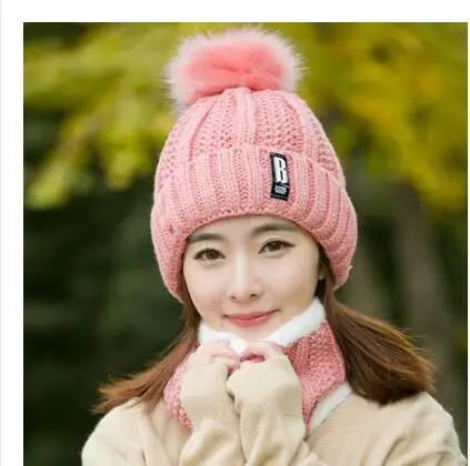 pink Hat bib set Теплая вязаная зимняя женская шапка для девочек, шерстяные шапочки Skullies с буквой B, бархатная шапка, шапка-маска, Женская Балаклава, шарф, шапка - Цвет: pink Hat bib set