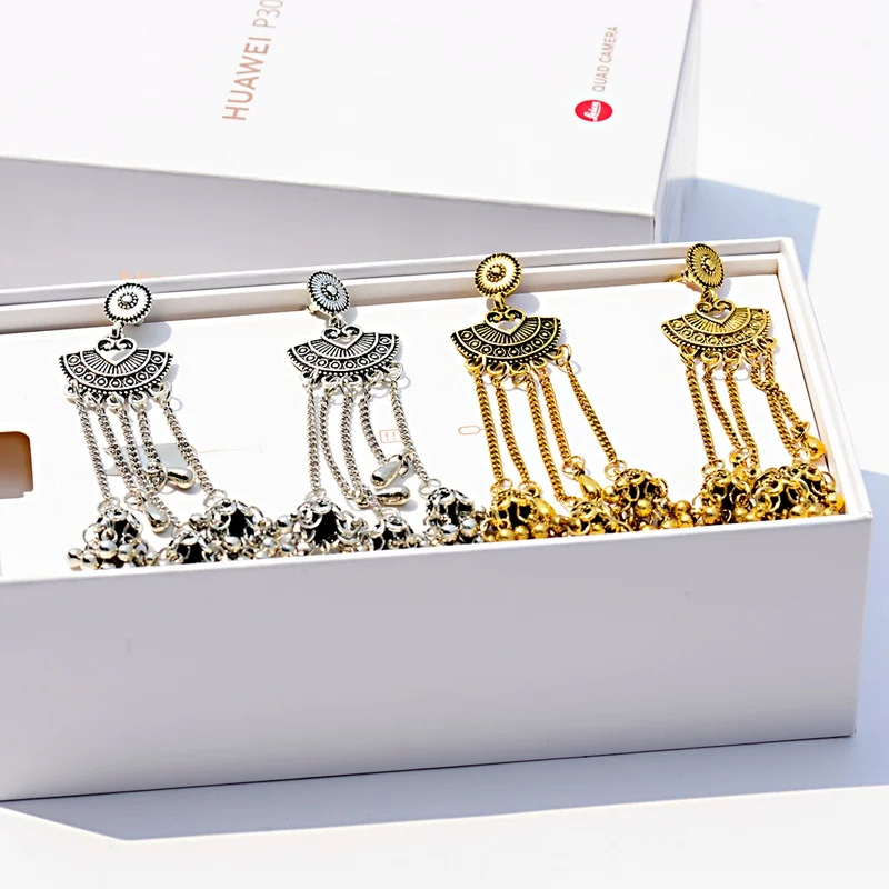 OIQUEI женские индийские серьги Jhumka в стиле бохо,, золотые, серебряные, металлические Большие колокольчики, длинные висячие серьги с кисточками, женские цыганские украшения
