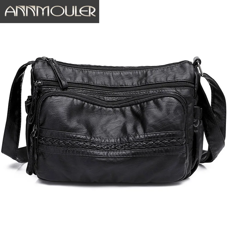 Annmouler Vintage Women Shoulder Bag Black Color Crossbody Messenger Bag Soft Pu Leather Small Bag for Ladies Brand Women Bag