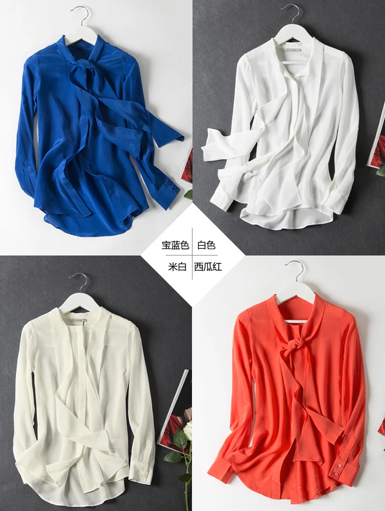 Женская шелковая блузка с длинным рукавом и бантом размеры XS S M L XL|silk blouse women|silk