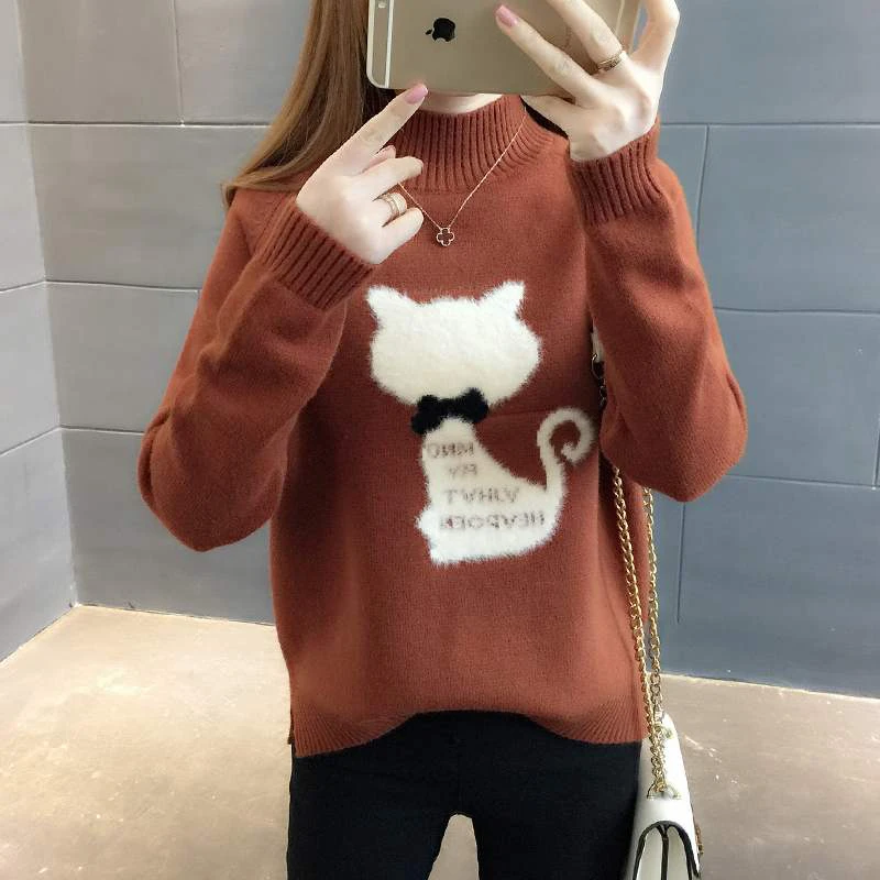 2019 осенне-зимний женский модный Повседневный свитер с рисунком кота круглый