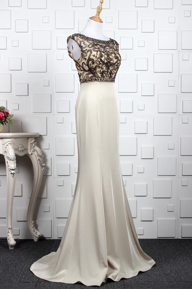 Elegant Light Champagne Crystal Beading Satin Vestidos De Festa Backless Mermaid Formal Long Evening Dresses Prom Party Gowns | Свадьбы и
