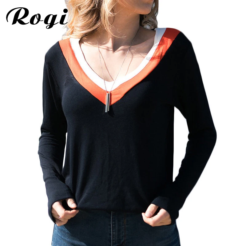 Rogi футболка Femme 2019 Осенняя с длинным рукавом женская модная Лоскутная