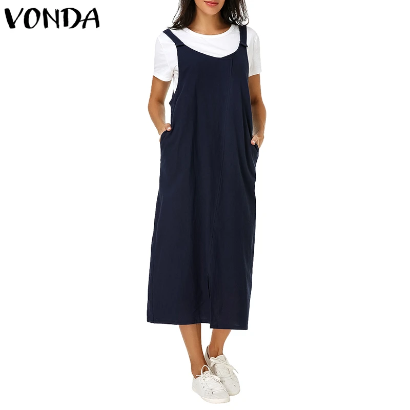 VONDA, женское винтажное Хлопковое платье,, летнее, v-образный вырез, без рукавов, с разрезом, с карманами, одноцветное платье, повседневное, свободное, до середины икры, Vestido размера плюс