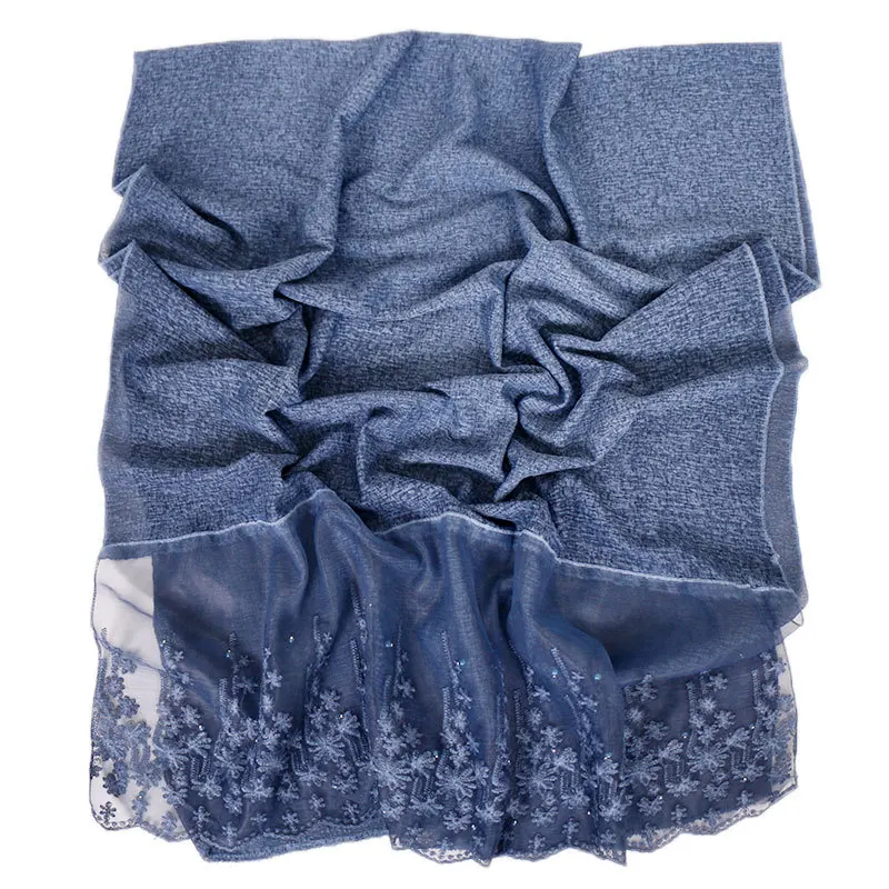 Женский шарф-шаль из вискозы однотонный шарф с кружевом и бусинами модный