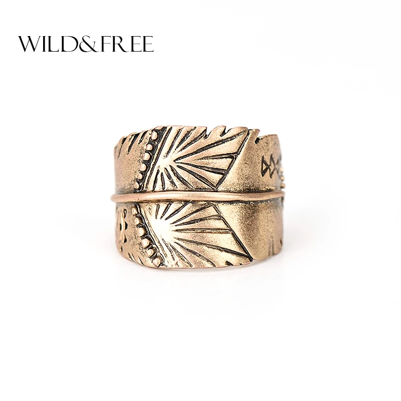 Женское Винтажное кольцо Wild & Free одинарное с листом античное золото широкие