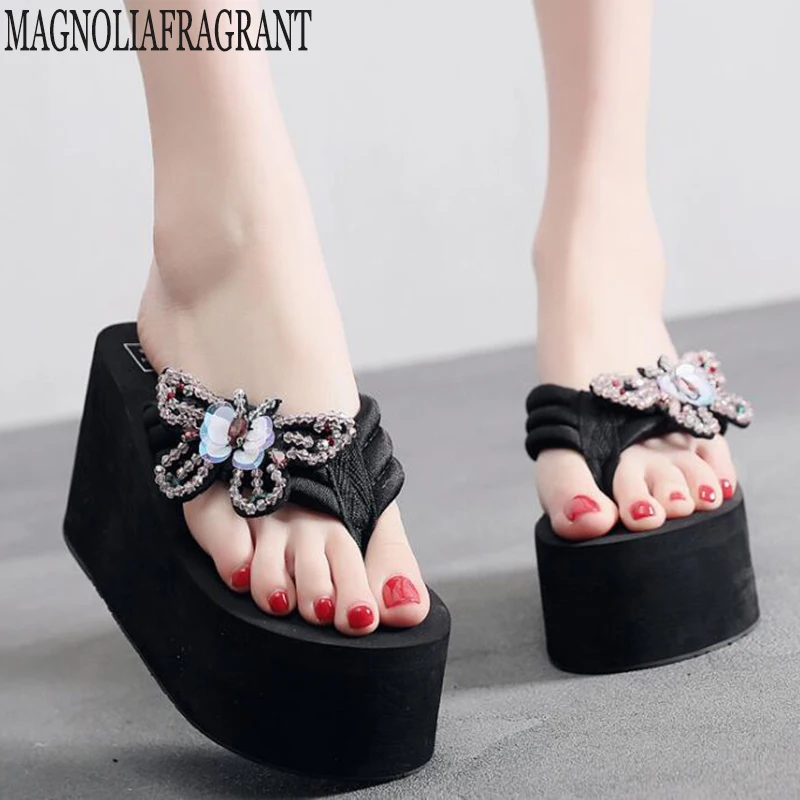

Women Fashion Summer Beach Chunky Sole Wedges Heels Flip Flops Casual Shoes New Rhinestone butterfly Slippers sandals women c508
