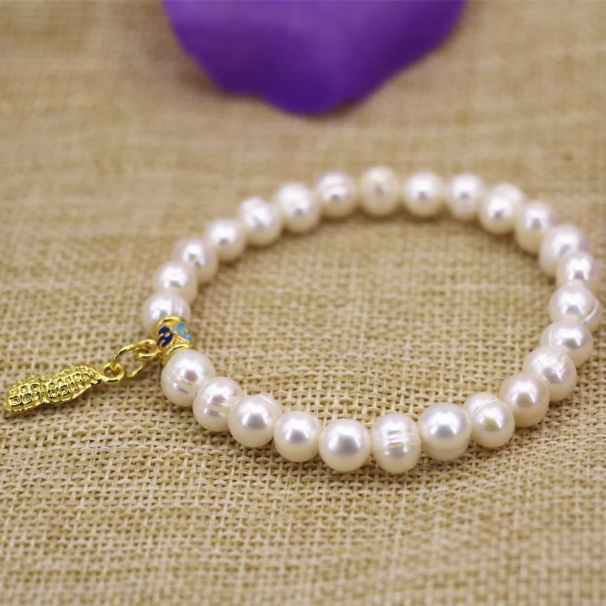 7-8 мм натуральный белый жемчуг круглые бусины браслеты Элегантный золотой цвет