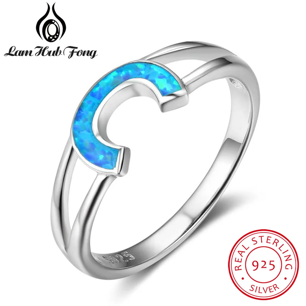 

925 Sterling Silver Blue Opal Rings for Women Letter C Design Female Finger Rings Fashion Statement Party Jewelry (Lam Hub Fong)