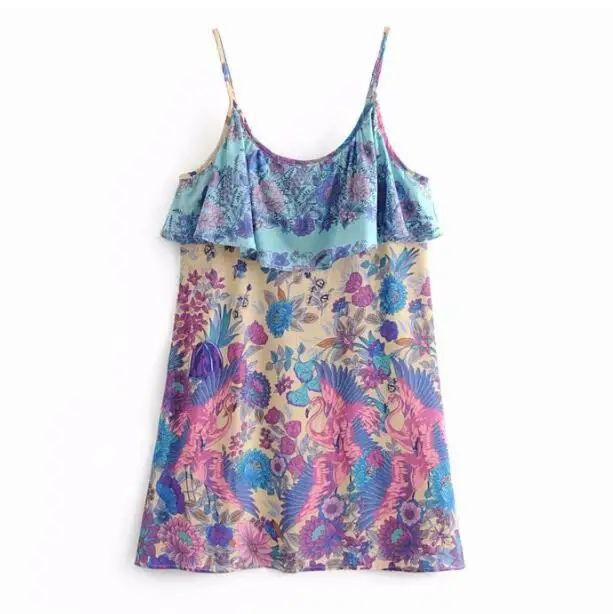 Богемная Птица Фламинго печати спагетти ремень платье Этнические Женщины