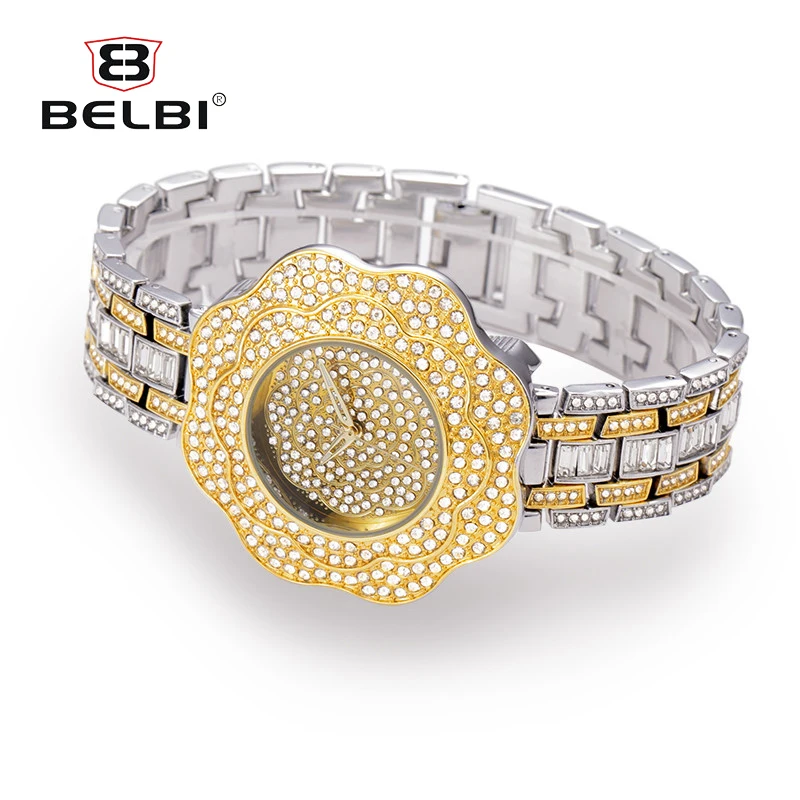 BELBI Модные женские Для женщин золотые часы 2018 Нержавеющая сталь горный хрусталь