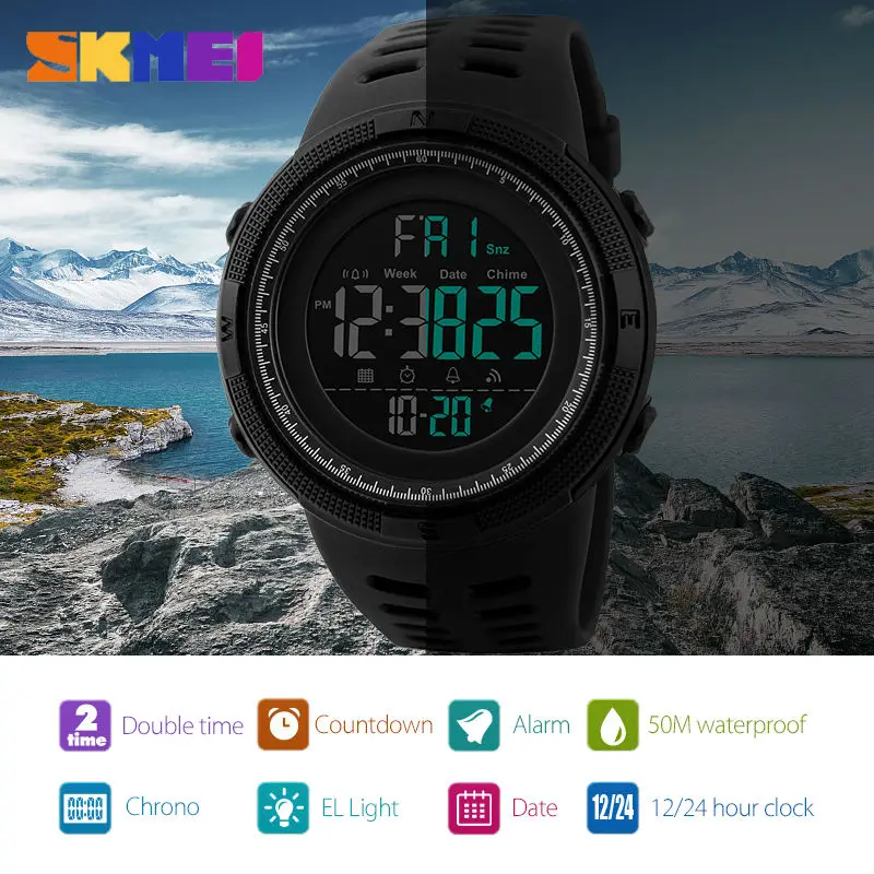 SKMEI Марка Мужская Мода Спортивные часы Chrono обратного отсчета Для мужчин