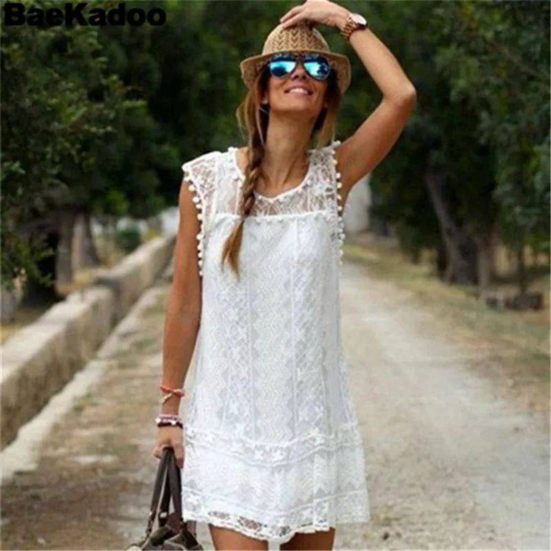 Женское кружевное мини платье BAEKADOO белое Повседневное с коротким рукавом лето