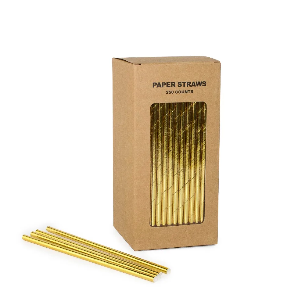 

Free Shipping 100% Biodegradable Paper Straws For Birthday Party, Plain Foiled Gold Paper Straws 250 Counts Box