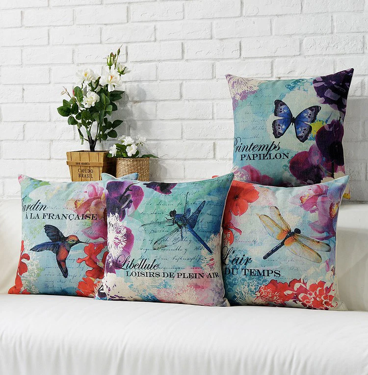 Льняная наволочка для подушки с бабочками и цветами синяя Стрекоза птица
