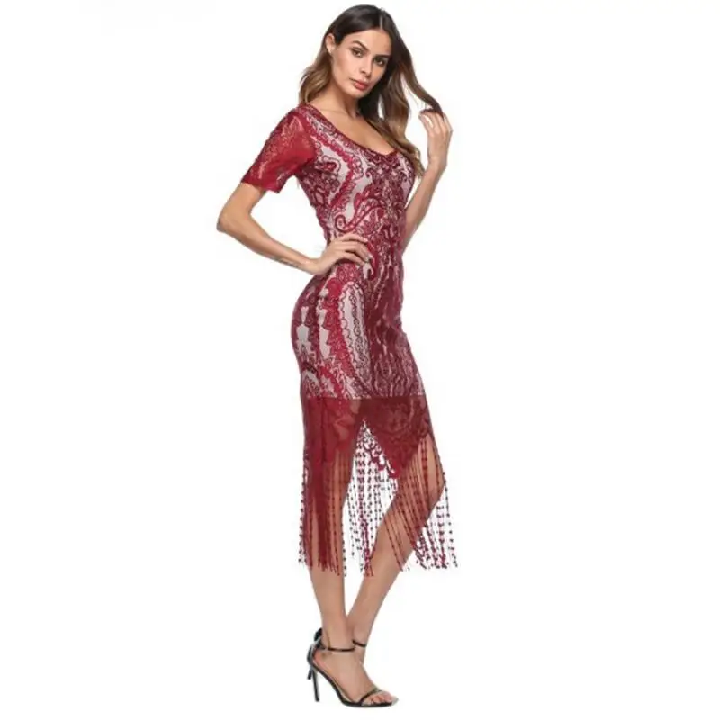 Женское платье с кисточками на подоле элегантное сексуальное вязаное крючком