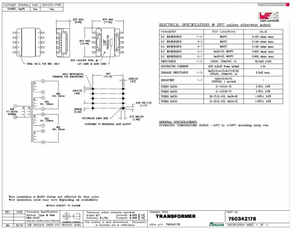 ER14.5 SMD 5+ 5pin трансформатор мы 750342178