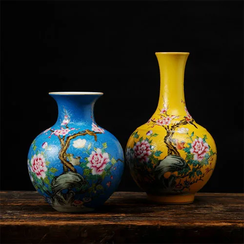 Антикварная эмалированная фарфоровая ваза расписанные вручную цветы коллекция