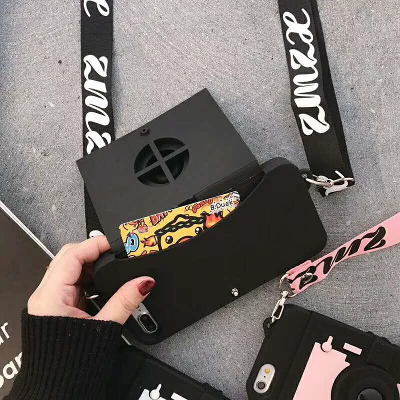 Модный Ретро кошелек-камера Чехол-подставка для телефона для iPhone 7 8 6 6S Plus X XS Max XR Мягкая силиконовая задняя крышка с ремешком
