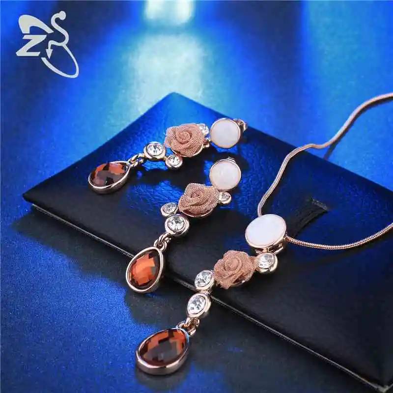 ZS Crystal Drop Earrings Jewelry Flower for Women Vintage Rose Gold Dangle Earring Glass Stone boucle d'oreille femelle | Украшения и