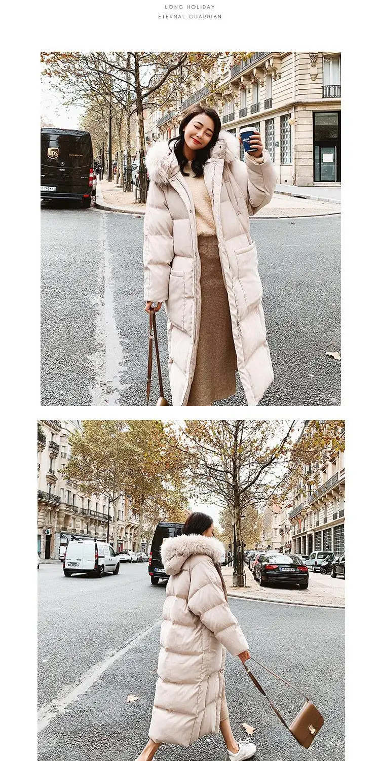 Негабаритный меховой воротник пуховая верхняя одежда зимние пуховики женские утепленные пуховые хлопковые пальто женские с капюшоном однотонные Длинные пуховики