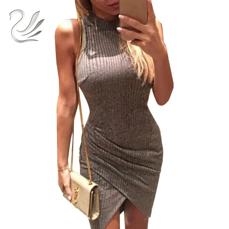 Элегантное серое трикотажное Повседневное платье без рукавов для женщин