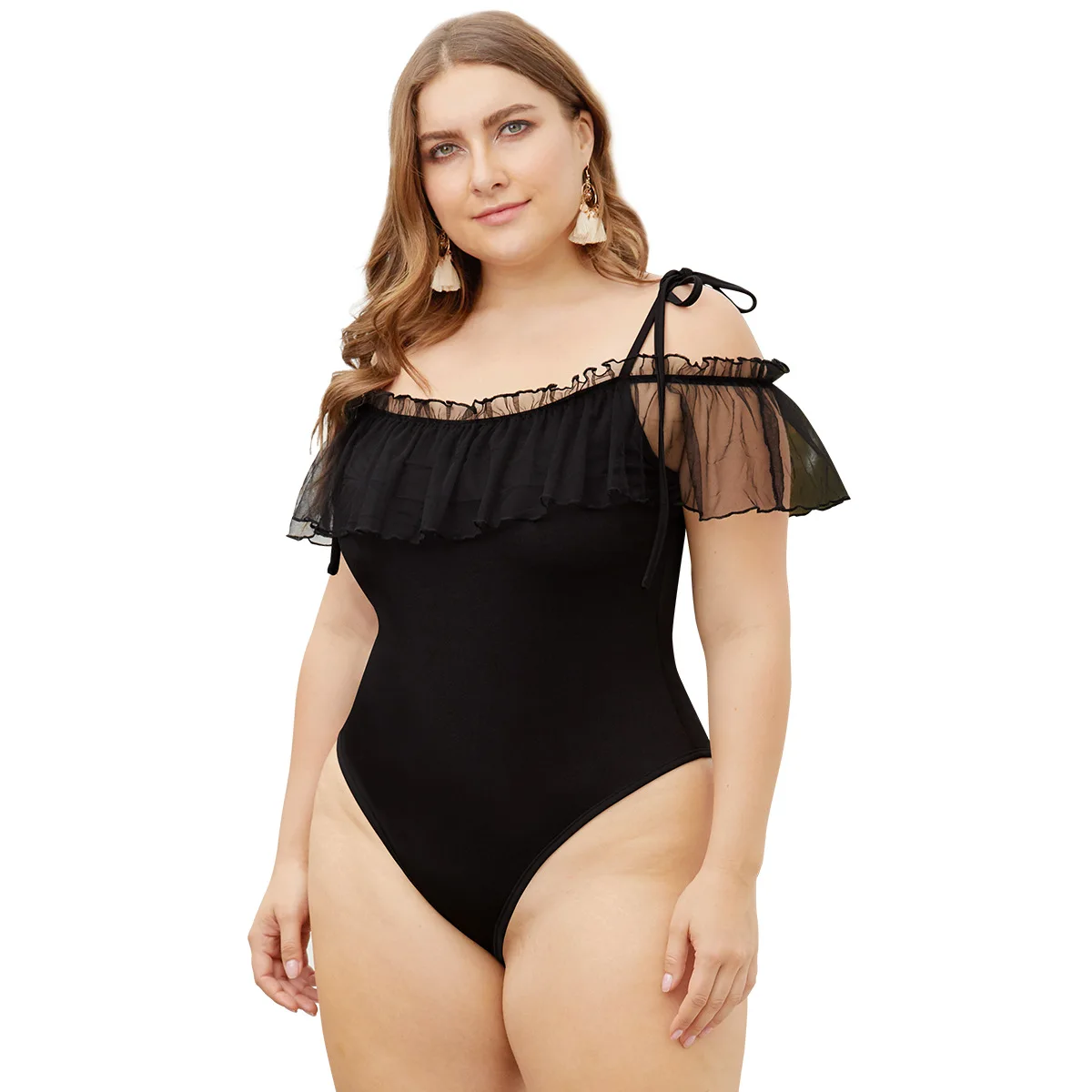 XL-4XL летний женский боди размера плюс сексуальный сетчатый с рюшами черный