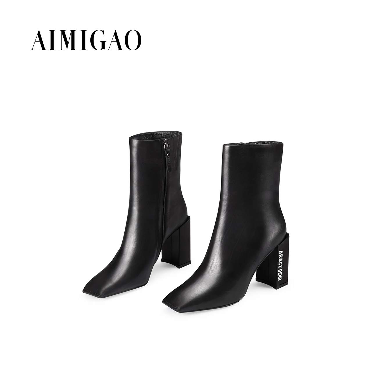 AIMIGAO cowhide leather high heels ankle boots for women square toe side zipper Fashion 2017 autumn winter new | Обувь