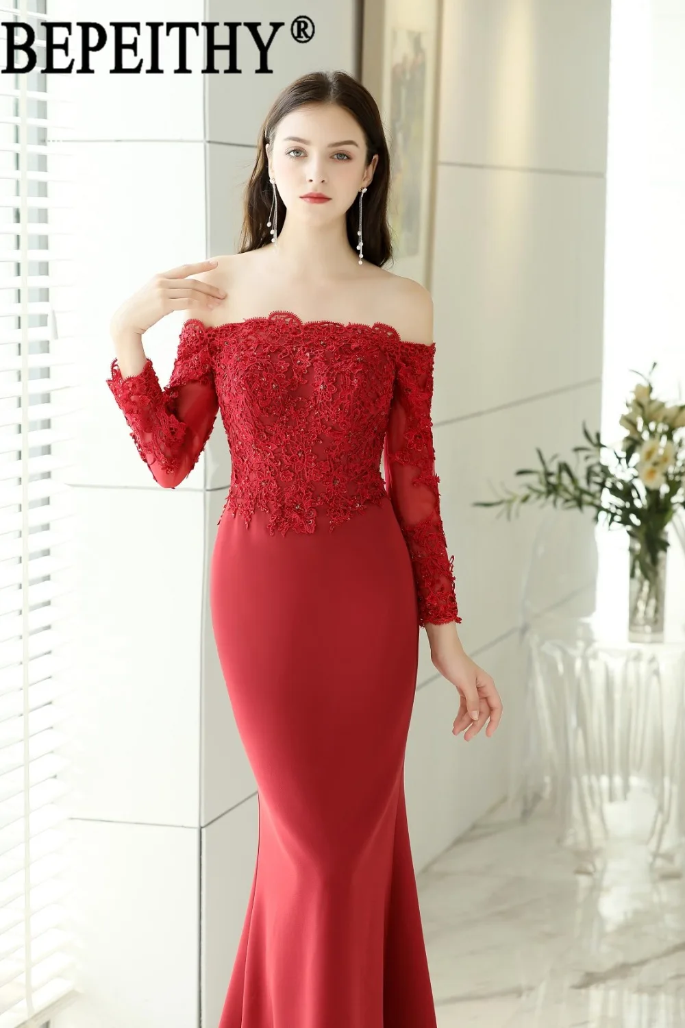BEPEITHY vestido de festa дизайн вырез лодочка, аппликация бисером красные атласные длинные в стиле русалки вечерние платья