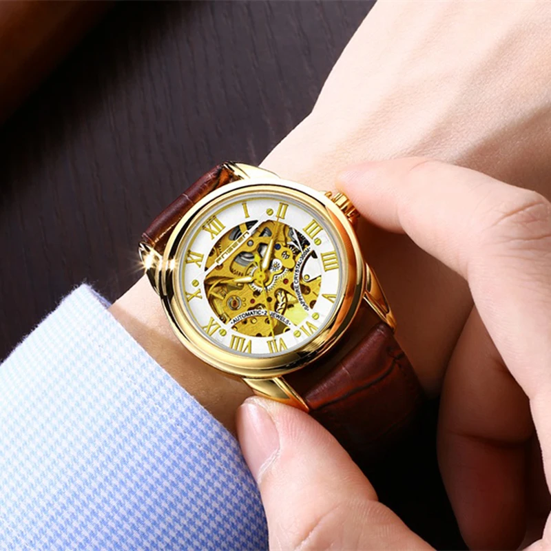 FNGEEN Brand Top Golden Luxury Men Watch Automatic Mechanical Watches Skeleton Self Wind Gold Men's Wristwatch Hollow Out Dial | Наручные
