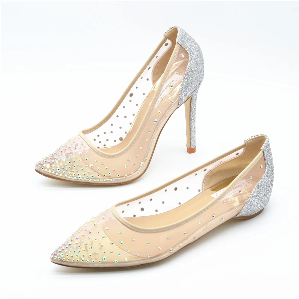Buono Scarpe/Женская обувь с острым носком на каблуке, украшенная стразами; модная обувь серебристого цвета; туфли-лодочки на высоком каблуке; роскошные свадебные туфли для вечеринки