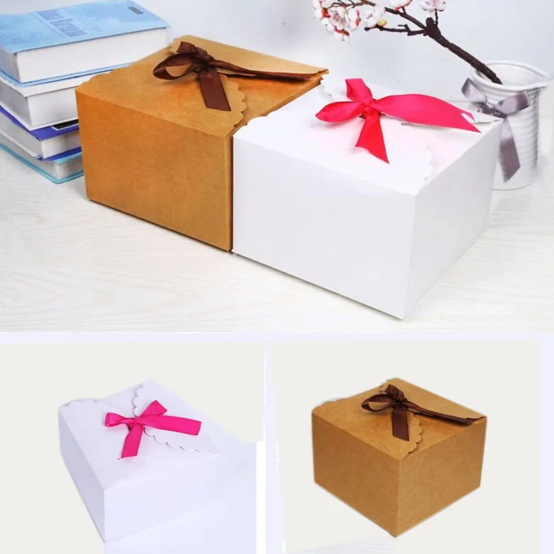 12 шт чистый белый/коричневый крафт-бумажная коробка, DIY свадебный подарок коробка, Большая одиночная коробка для торта упаковка со свободными лентами 7/12