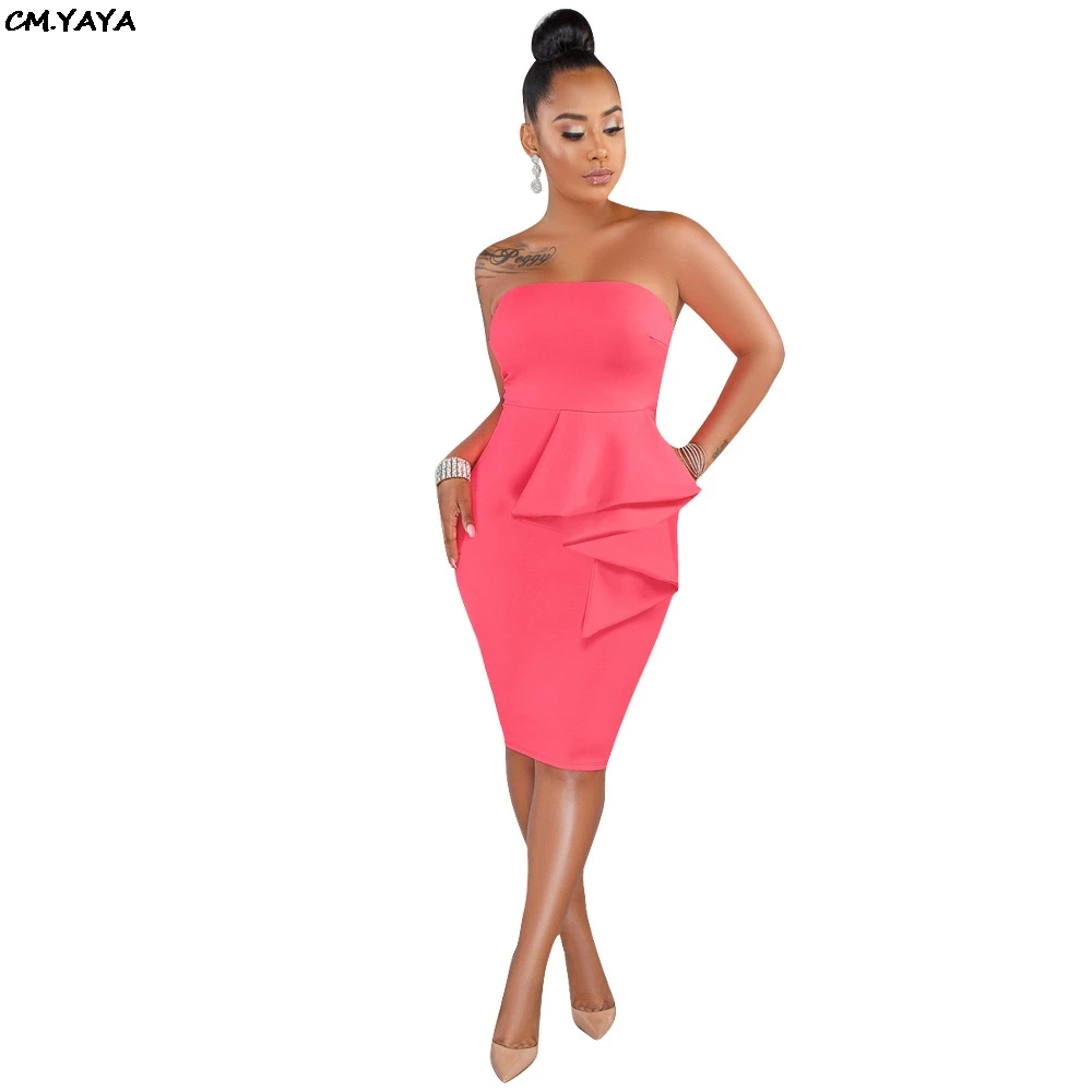 Женское платье-миди без бретелек с оборками | Женская одежда