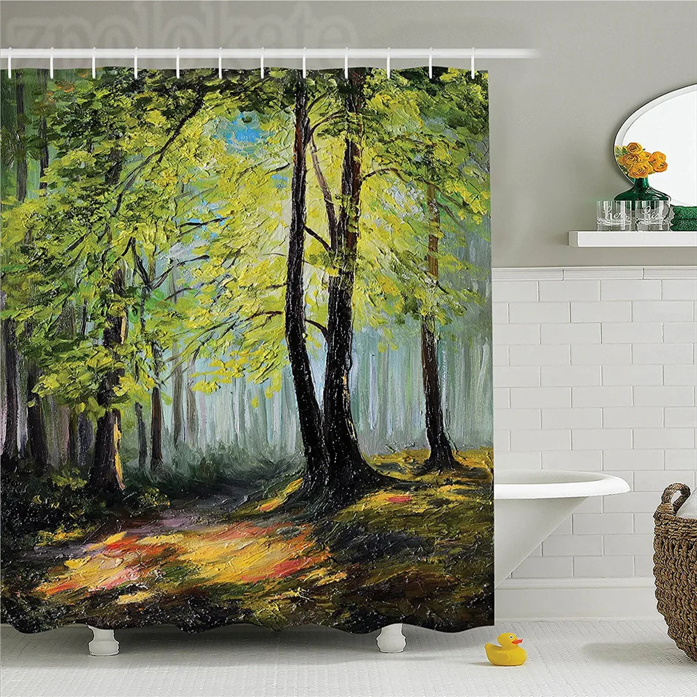 Кантри Декор душевая занавеска в комплекте Картина пейзаж леса темно и глубокий